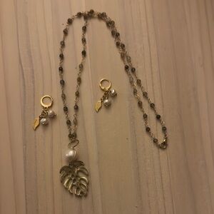 Elegant Gold Plate Leaf Pendant Necklace and Earring Set